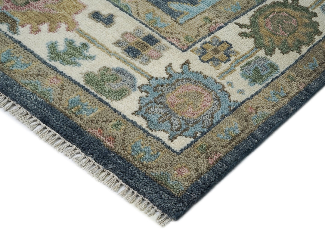 9x12 Blue, Ivory, Moss Color Hand Knotted Oushak Wool Arts and Crafts Oriental Rug