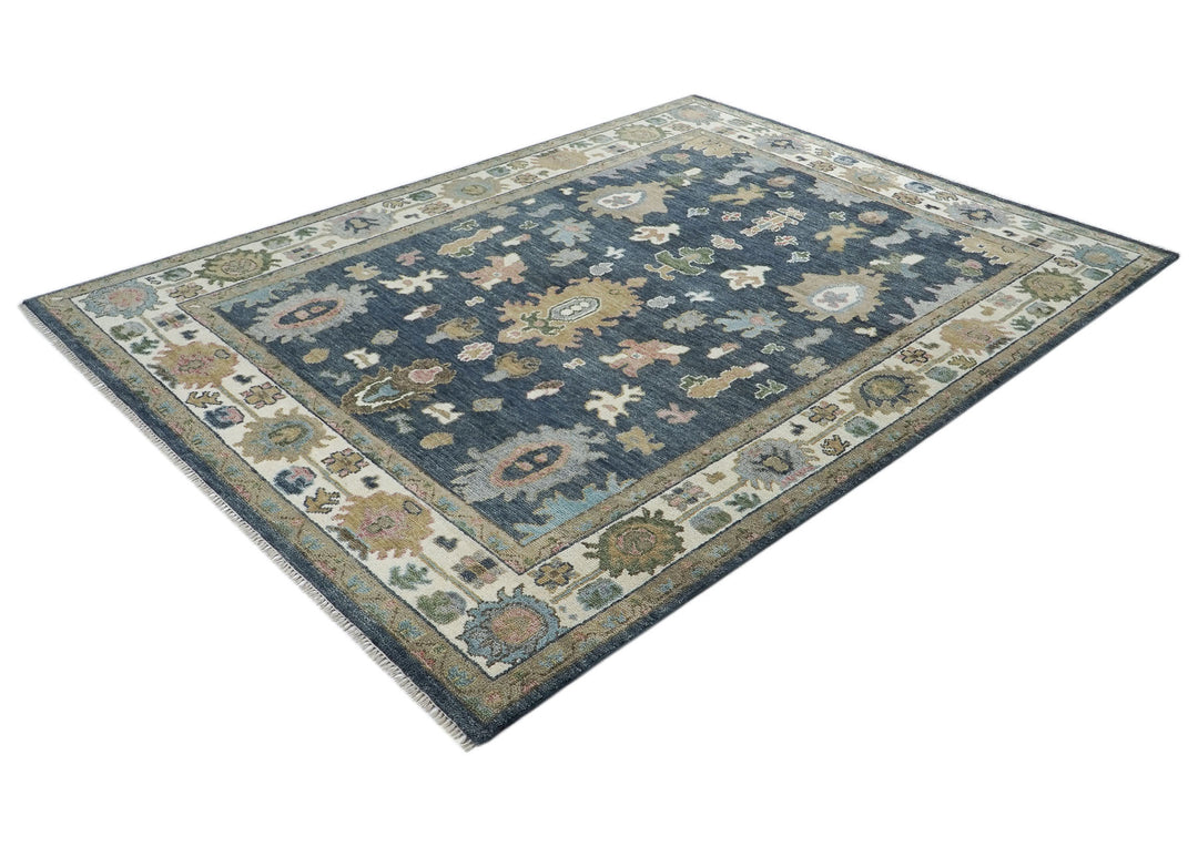 9x12 Blue, Ivory, Moss Color Hand Knotted Oushak Wool Arts and Crafts Oriental Rug