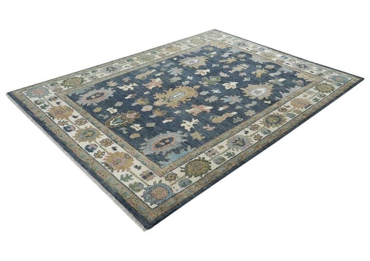 9x12 Blue, Ivory, Moss Color Hand Knotted Oushak Wool  Oriental Rug