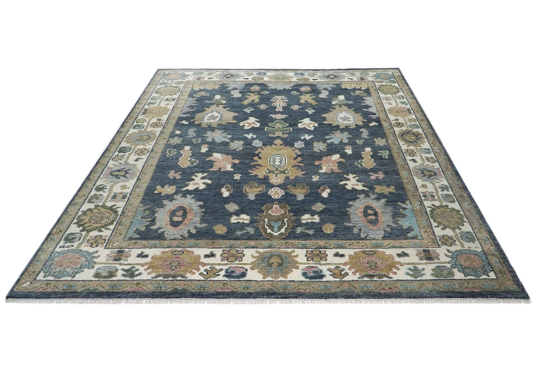 9x12 Blue, Ivory, Moss Color Hand Knotted Oushak Wool Arts and Crafts Oriental Rug