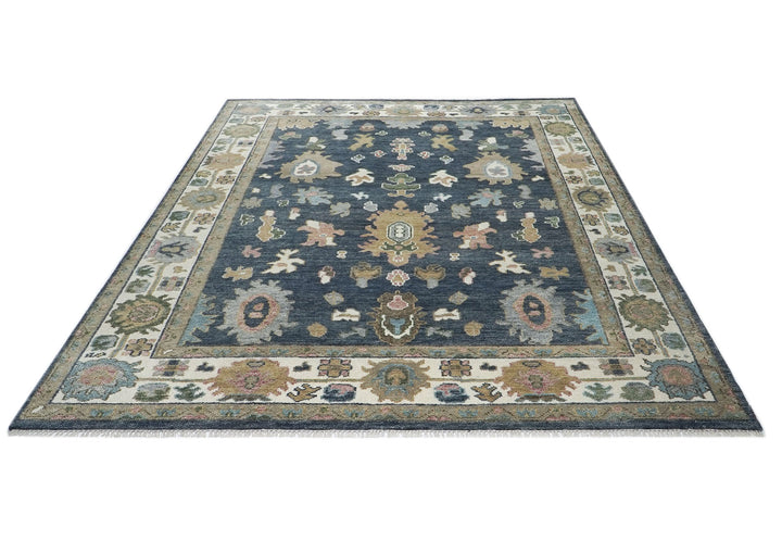 9x12 Blue, Ivory, Moss Color Hand Knotted Oushak Wool Arts and Crafts Oriental Rug