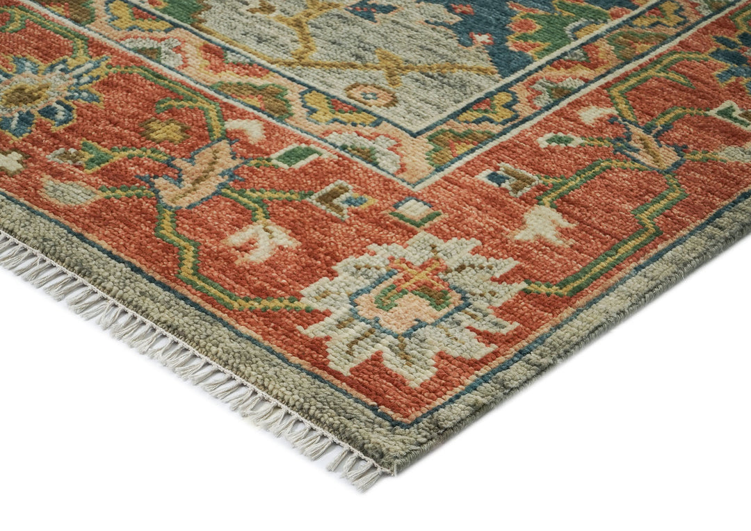 9x12 Mint, Burnt Orange, Blue Color Hand Knotted Oushak Wool Arts and Crafts Oriental Rug