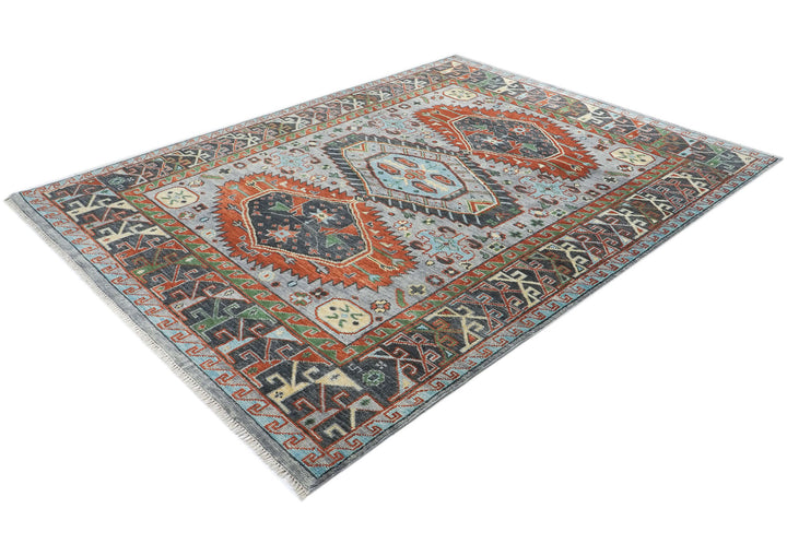 9x12 Slate, Blue, Burnt Orange Color Hand Knotted Oushak Wool Southwestern Oriental Rug