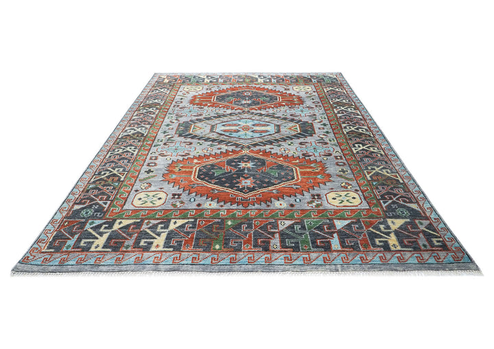 9x12 Slate, Blue, Burnt Orange Color Hand Knotted Oushak Wool Southwestern Oriental Rug
