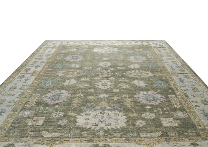 9x12 Sage, Beige, Rose Color Hand Knotted Oushak Wool Traditional Oriental Rug