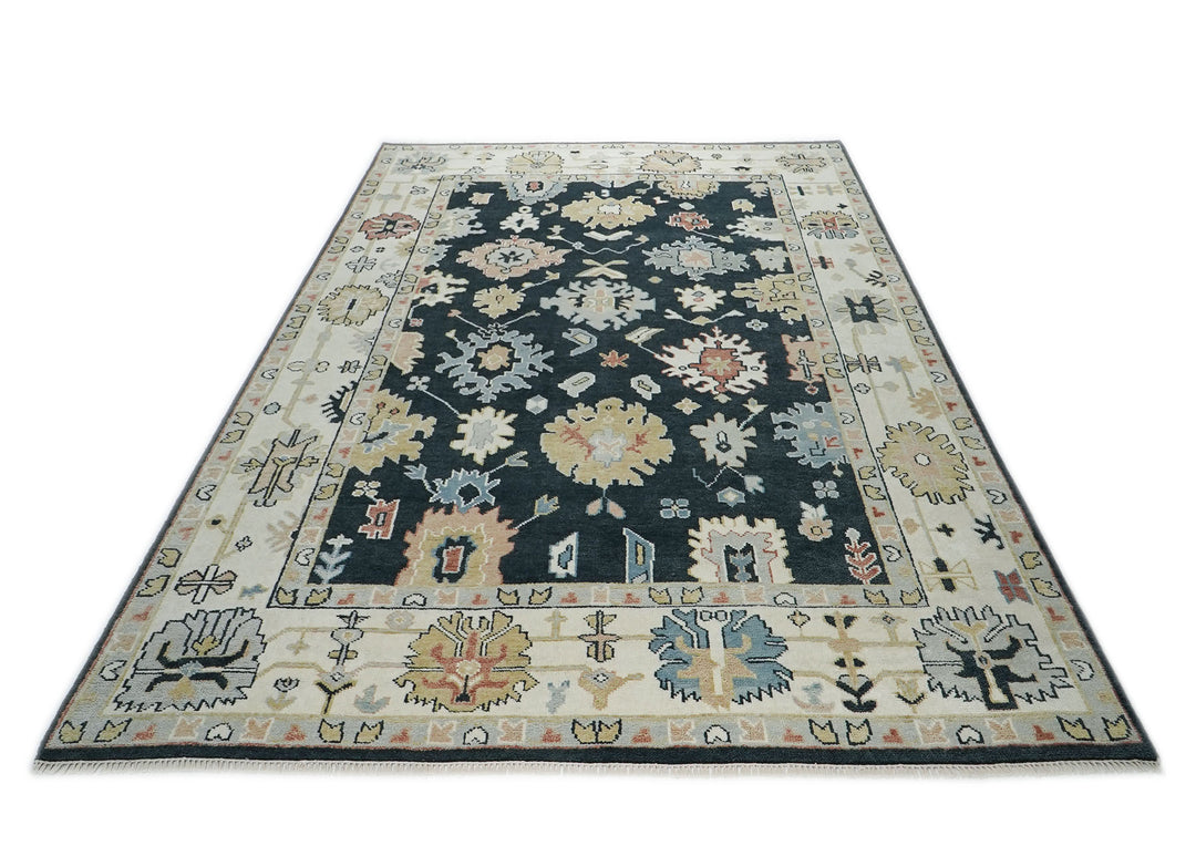 10x14 Dark Blue, Ivory, Green Color Hand Knotted Oushak Wool Arts and Crafts Oriental Rug