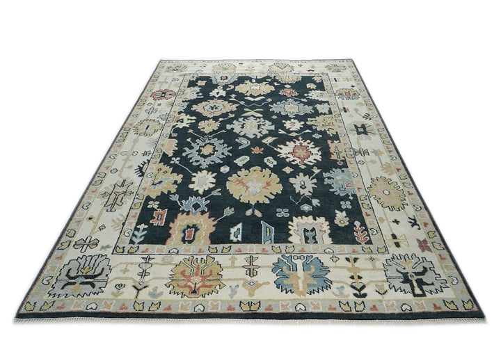 10x14 Dark Blue, Ivory, Green Color Hand Knotted Oushak Wool Arts and Crafts Oriental Rug