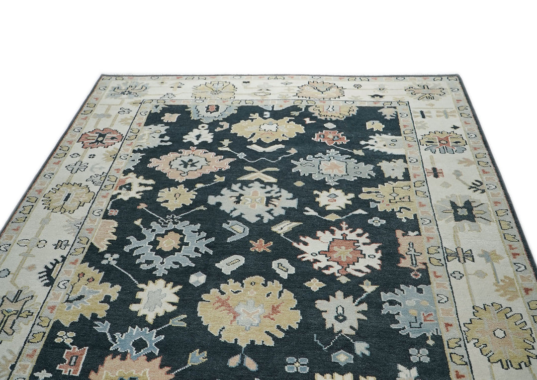 10x14 Dark Blue, Ivory, Green Color Hand Knotted Oushak Wool Arts and Crafts Oriental Rug