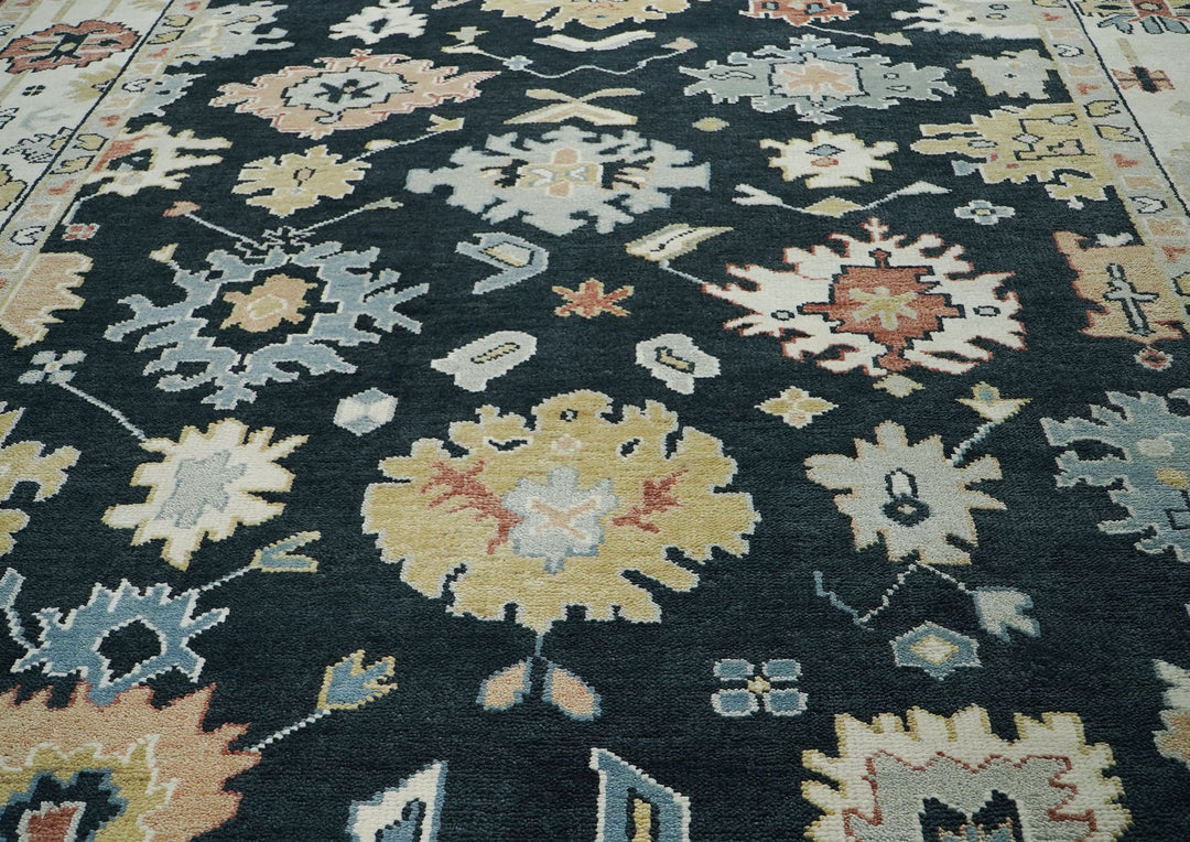 10x14 Dark Blue, Ivory, Green Color Hand Knotted Oushak Wool Arts and Crafts Oriental Rug
