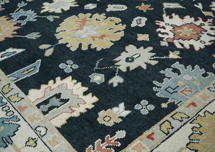 10x14 Dark Blue, Ivory, Green Color Hand Knotted Oushak Wool Arts and Crafts Oriental Rug