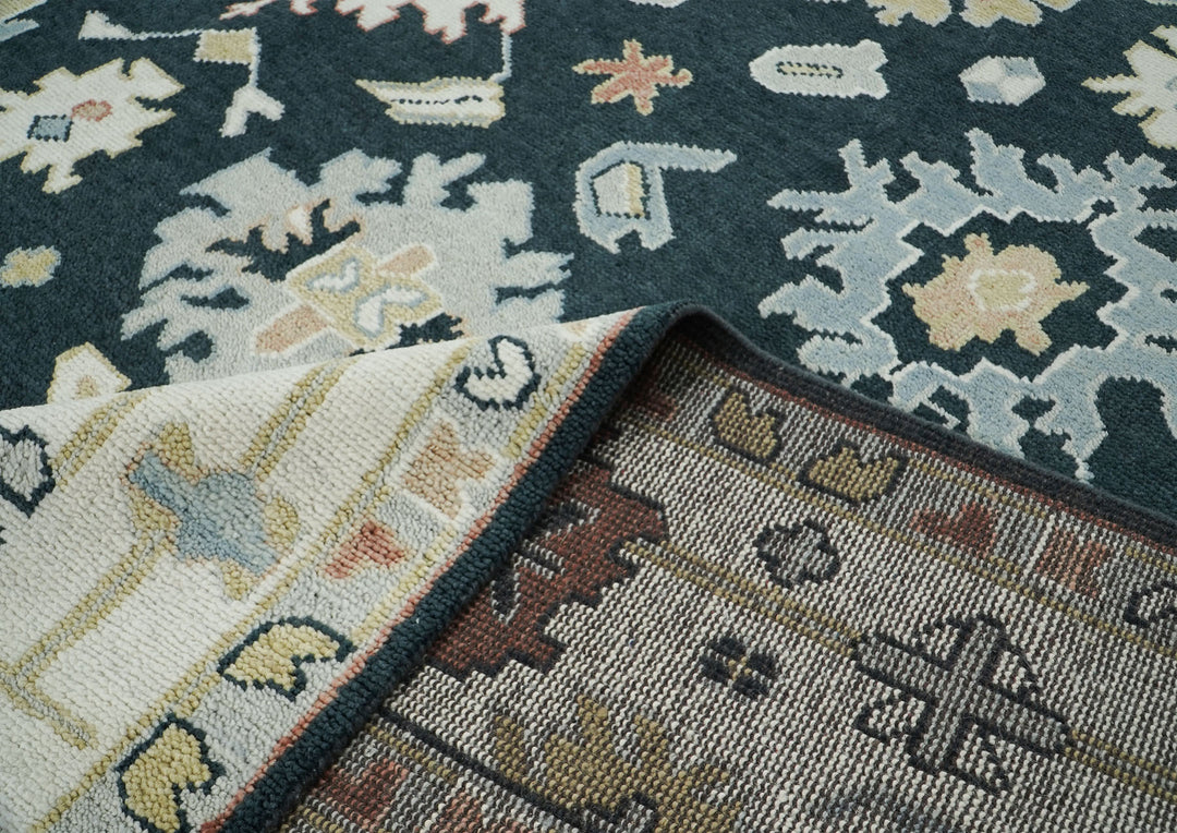 10x14 Dark Blue, Ivory, Green Color Hand Knotted Oushak Wool Arts and Crafts Oriental Rug