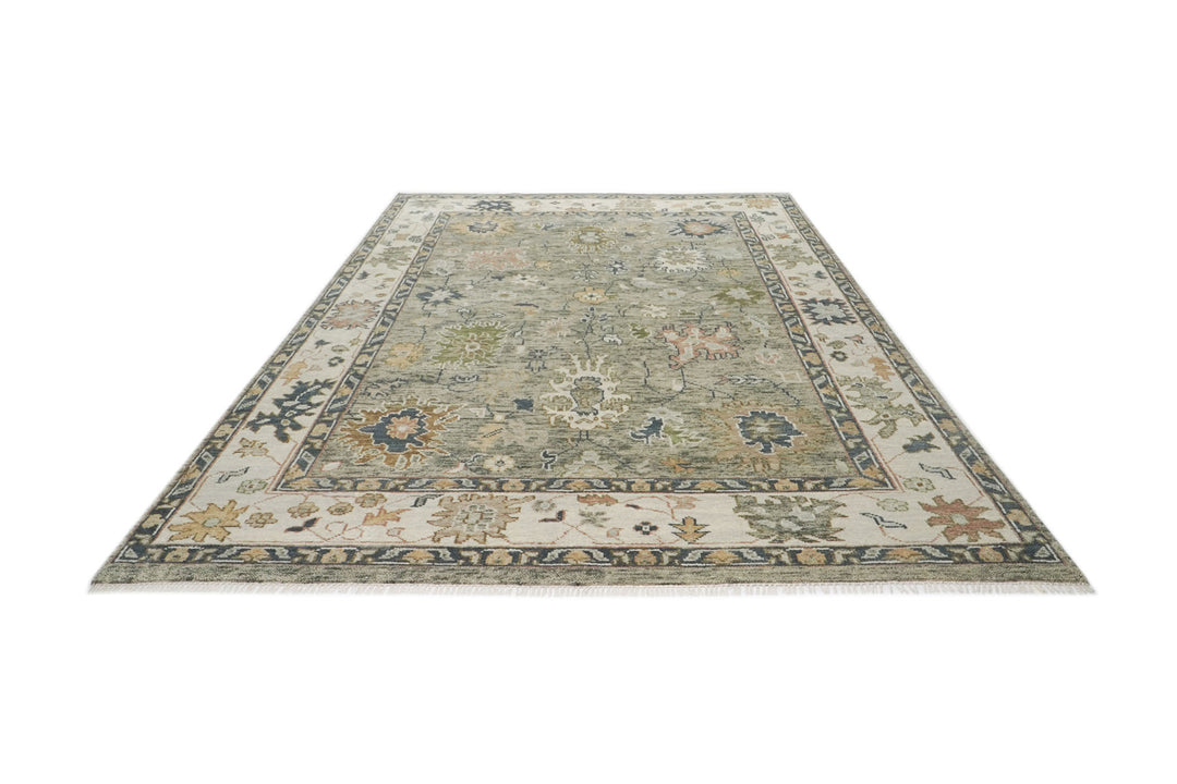 9x12 Mint, Beige, Gold Color Hand Knotted Oushak Wool Arts and Crafts Oriental Rug