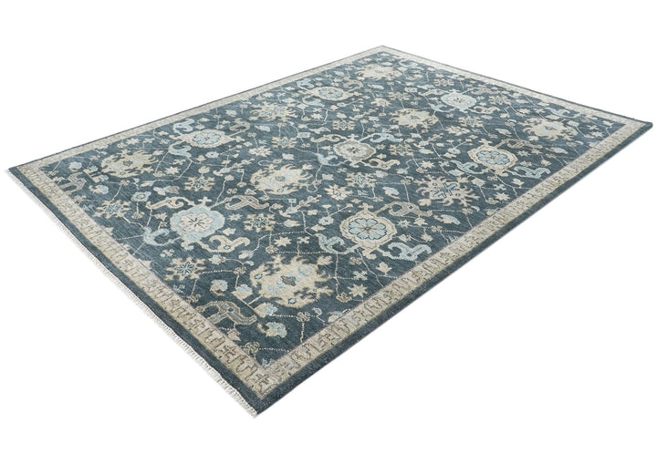9x12 Blue, Beige, Aqua Color Hand Knotted Oushak Wool Transitional Oriental Rug