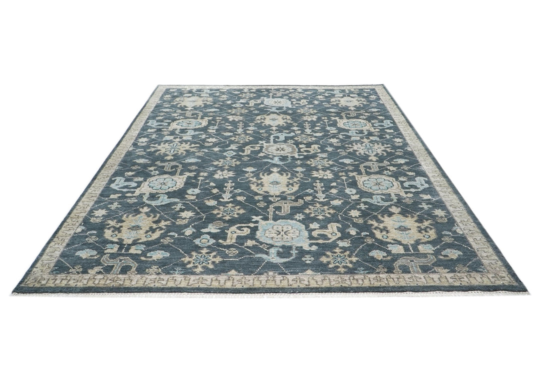 9x12 Blue, Beige, Aqua Color Hand Knotted Oushak Wool Transitional Oriental Rug