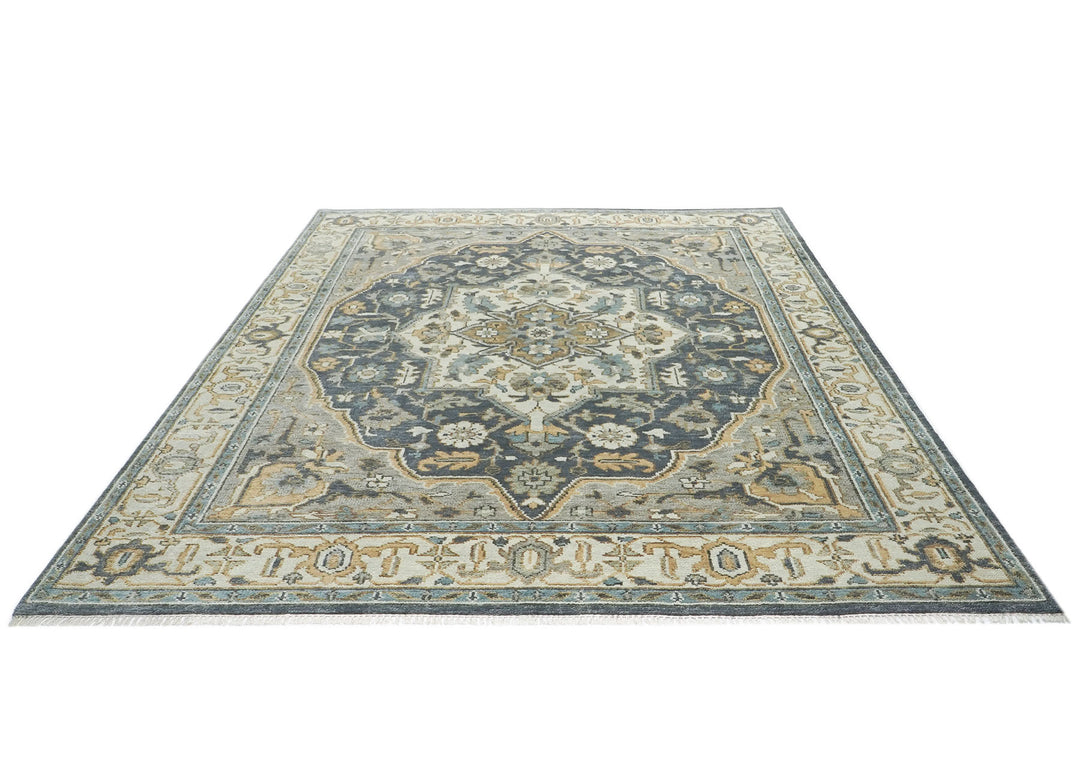 9x12 Blue, Gray, Beige Color Hand Knotted Oushak Wool  Oriental Rug