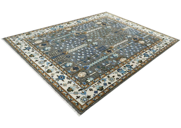 9x12 Gray, Blue, Ivory Color Hand Knotted Oushak Wool Transitional Oriental Rug
