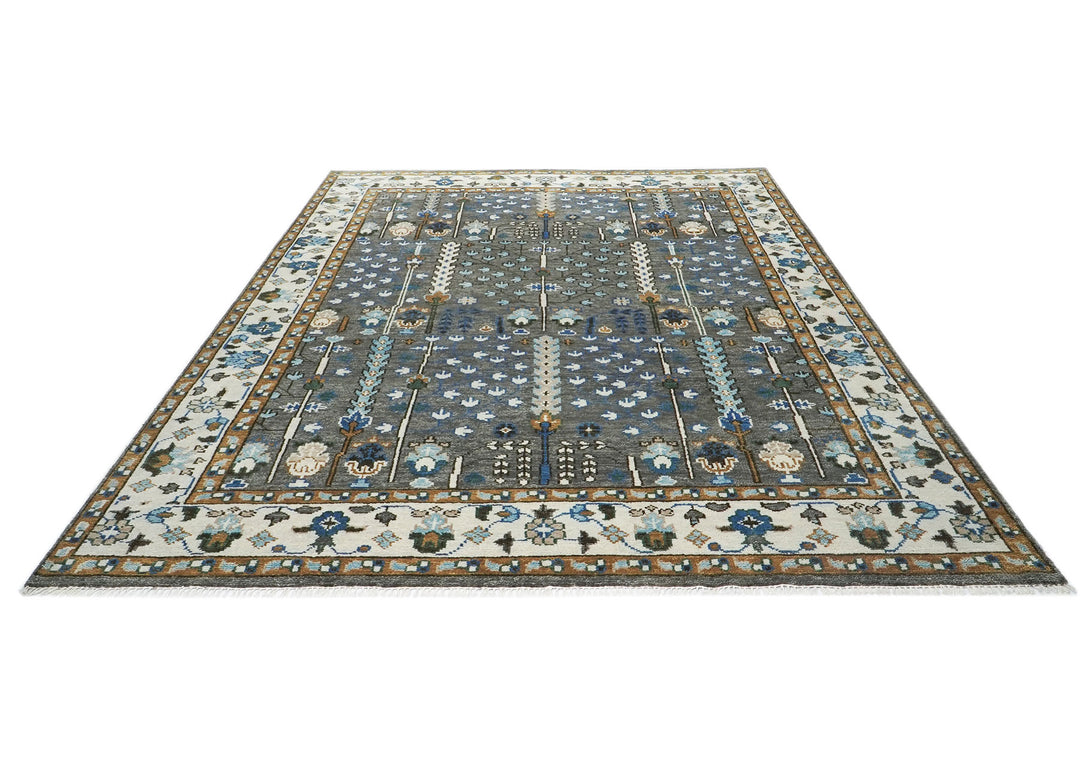 9x12 Gray, Blue, Ivory Color Hand Knotted Oushak Wool Transitional Oriental Rug