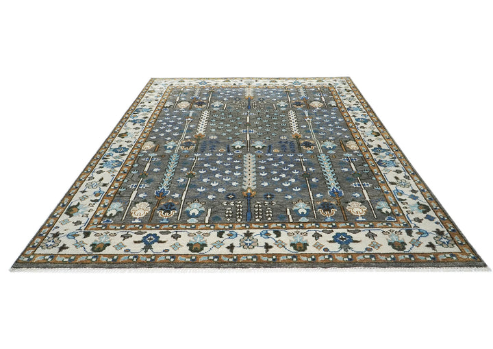 9x12 Gray, Blue, Ivory Color Hand Knotted Oushak Wool Transitional Oriental Rug