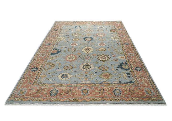 10x14 Blue, Rose, Ivory Color Hand Knotted Oushak Wool Arts and Crafts Oriental Rug