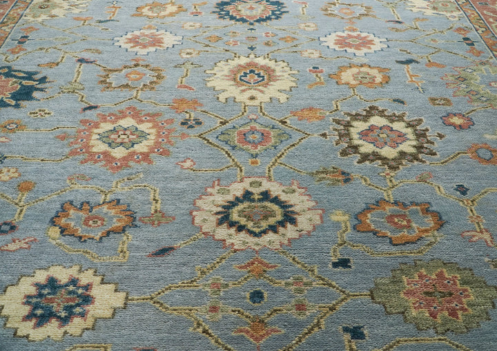 10x14 Blue, Rose, Ivory Color Hand Knotted Oushak Wool Arts and Crafts Oriental Rug
