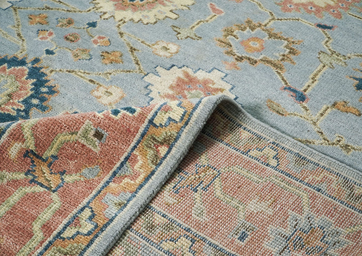 10x14 Blue, Rose, Ivory Color Hand Knotted Oushak Wool Arts and Crafts Oriental Rug