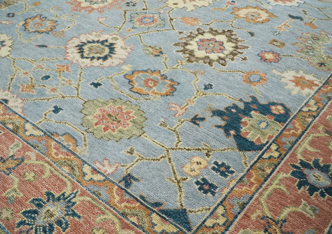 10x14 Blue, Rose, Ivory Color Hand Knotted Oushak Wool Arts and Crafts Oriental Rug