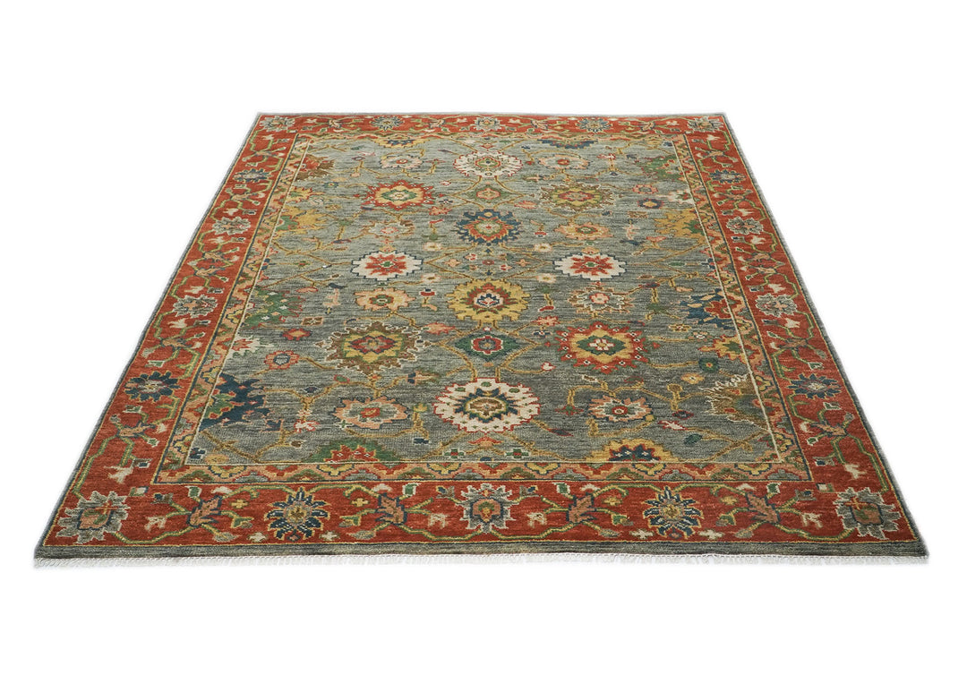 9x12 Blue, Gray, Burnt Orange Color Hand Knotted Oushak Wool  Oriental Rug