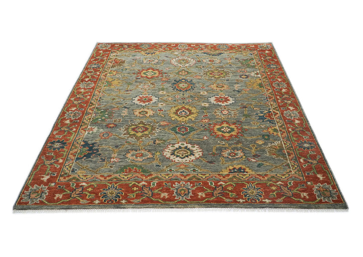 9x12 Blue, Gray, Burnt Orange Color Hand Knotted Oushak Wool  Oriental Rug