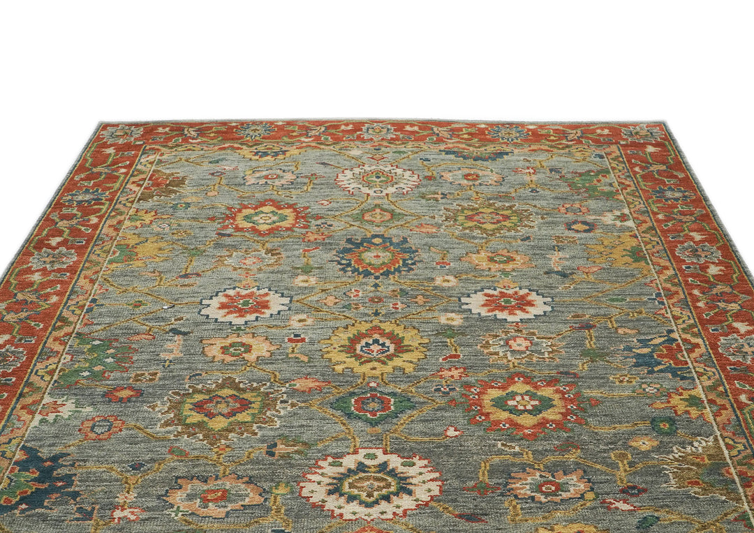 9x12 Blue, Gray, Burnt Orange Color Hand Knotted Oushak Wool Arts and Crafts Oriental Rug