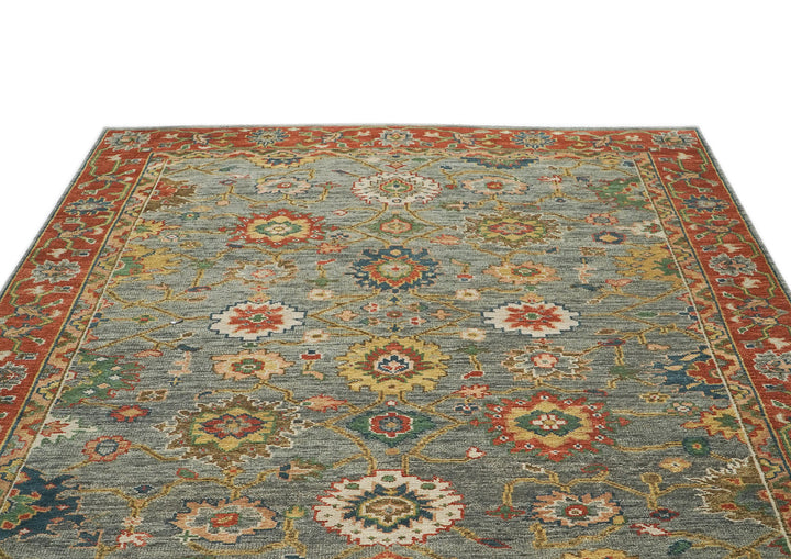 9x12 Blue, Gray, Burnt Orange Color Hand Knotted Oushak Wool Arts and Crafts Oriental Rug