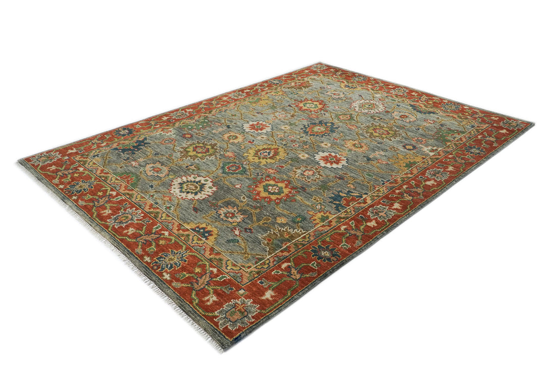 9x12 Blue, Gray, Burnt Orange Color Hand Knotted Oushak Wool Arts and Crafts Oriental Rug