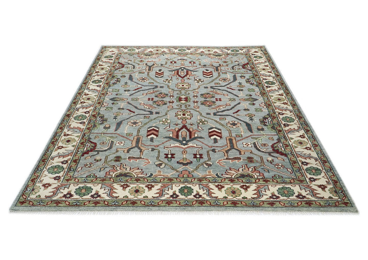 9x12 Blue, Ivory, Sage Color Hand Knotted Oushak Wool Transitional Oriental Rug