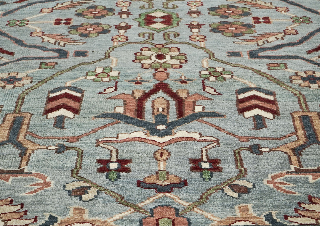 9x12 Blue, Ivory, Sage Color Hand Knotted Oushak Wool Transitional Oriental Rug