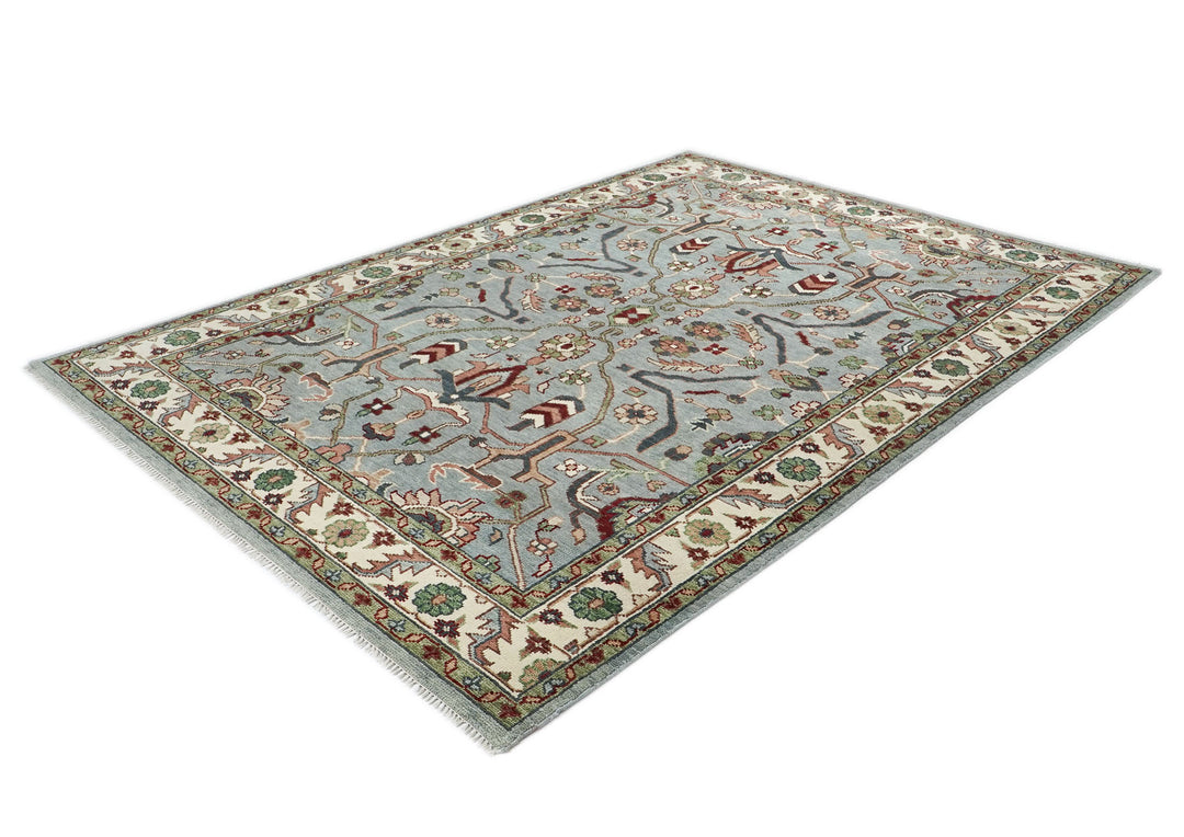 9x12 Blue, Ivory, Sage Color Hand Knotted Oushak Wool Transitional Oriental Rug