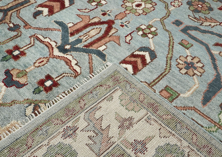 9x12 Blue, Ivory, Sage Color Hand Knotted Oushak Wool Transitional Oriental Rug
