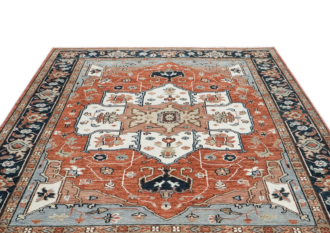 9x12 Burnt Orange, Blue, Ivory Color Hand Knotted Oushak Wool  Oriental Rug
