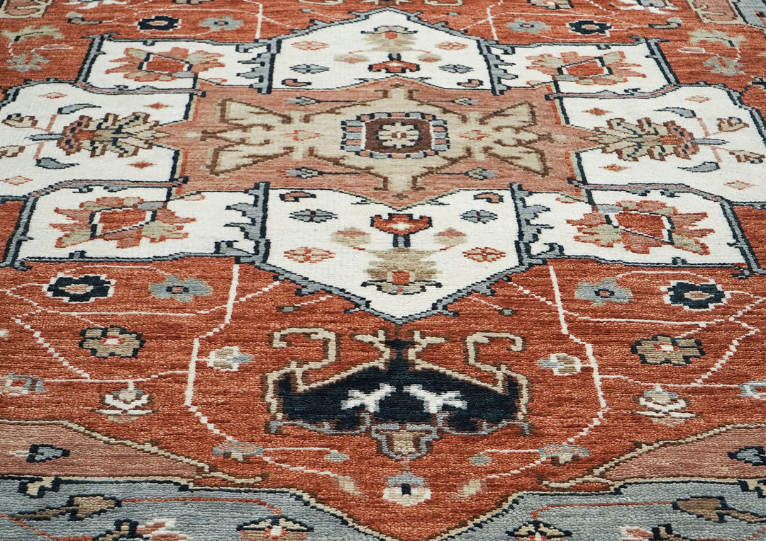 9x12 Burnt Orange, Blue, Ivory Color Hand Knotted Oushak Wool  Oriental Rug