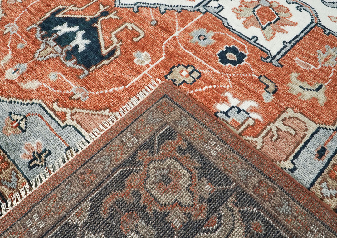 9x12 Burnt Orange, Blue, Ivory Color Hand Knotted Oushak Wool  Oriental Rug