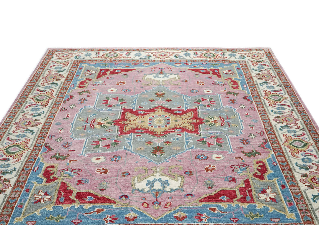 9x12 Pink, Celadon, Blue Color Hand Knotted Oushak Wool  Oriental Rug
