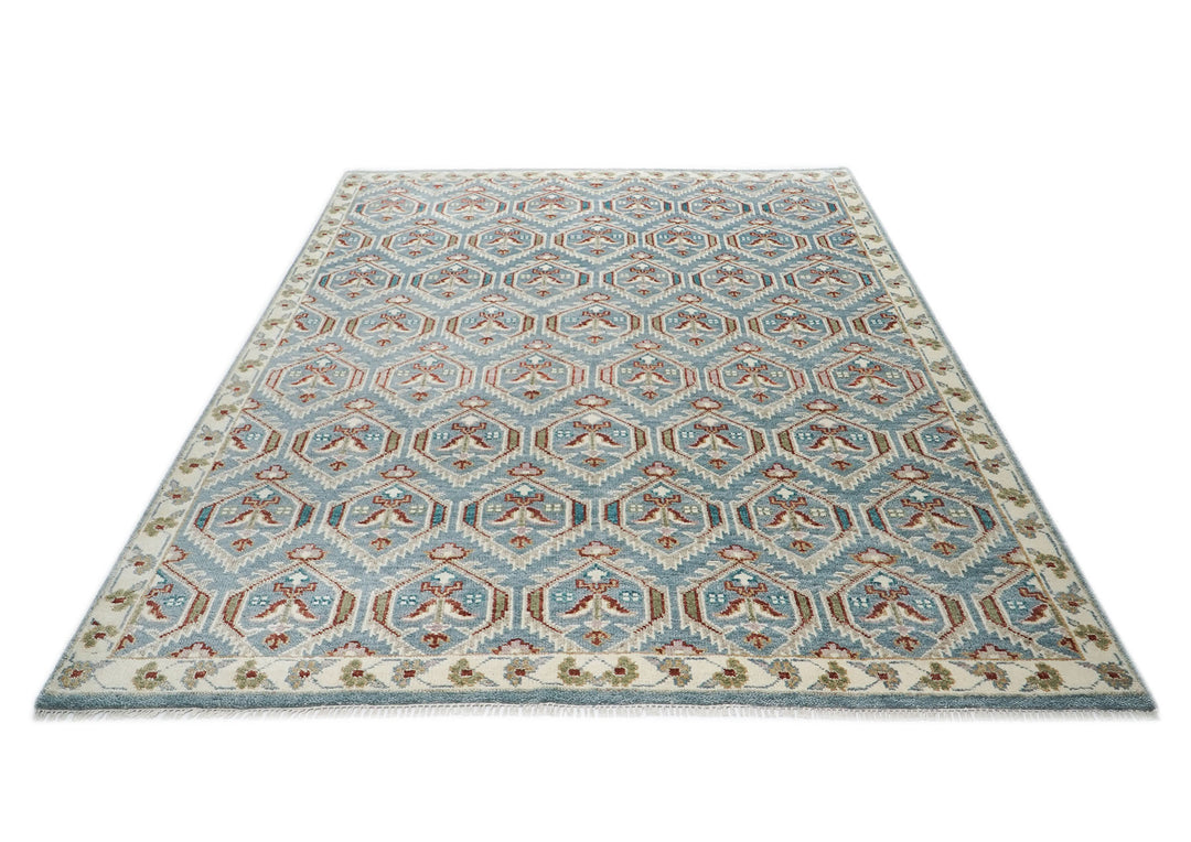 9x12 Blue, Beige, Rust Color Hand Knotted Oushak Wool Transitional Oriental Rug