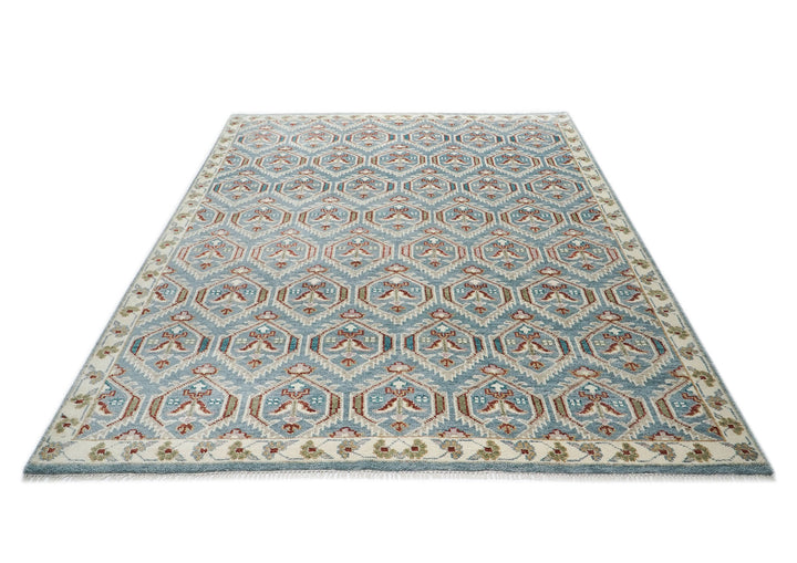 9x12 Blue, Beige, Rust Color Hand Knotted Oushak Wool Transitional Oriental Rug