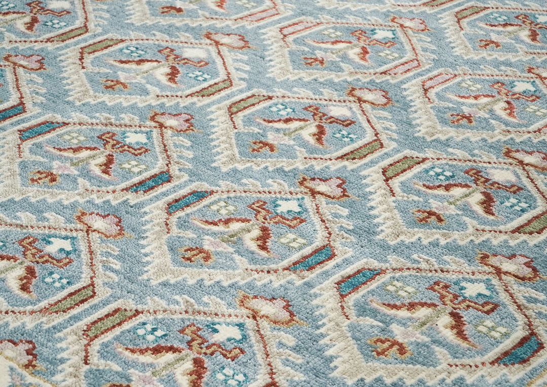 9x12 Blue, Beige, Rust Color Hand Knotted Oushak Wool Transitional Oriental Rug