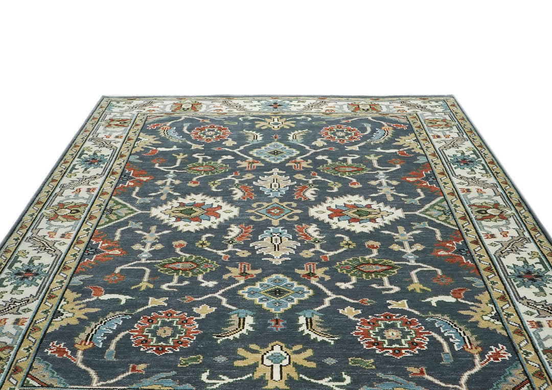 9x12 Blue, Ivory, Green Color Hand Knotted Oushak Wool Arts and Crafts Oriental Rug