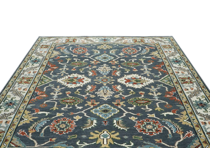 9x12 Blue, Ivory, Green Color Hand Knotted Oushak Wool Arts and Crafts Oriental Rug