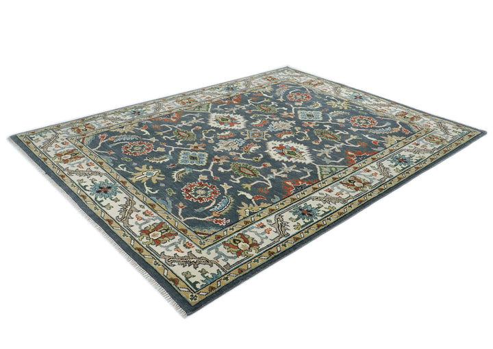 9x12 Blue, Ivory, Green Color Hand Knotted Oushak Wool  Oriental Rug