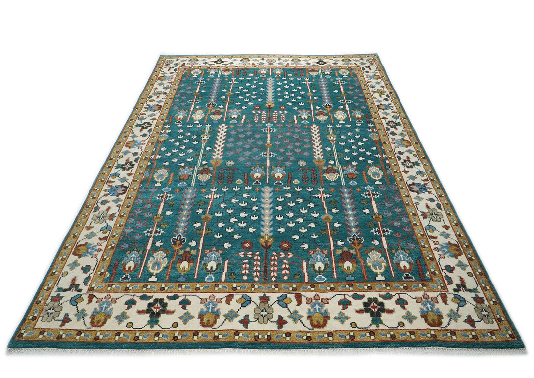 10x14 Teal, Ivory, Gold Color Hand Knotted Oushak Wool Transitional Oriental Rug