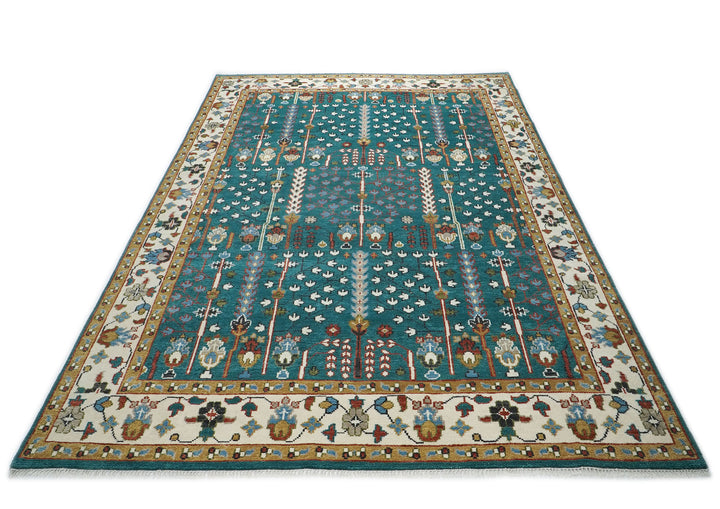 10x14 Teal, Ivory, Gold Color Hand Knotted Oushak Wool Transitional Oriental Rug