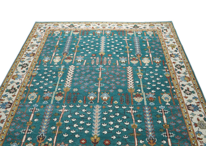 10x14 Teal, Ivory, Gold Color Hand Knotted Oushak Wool Transitional Oriental Rug