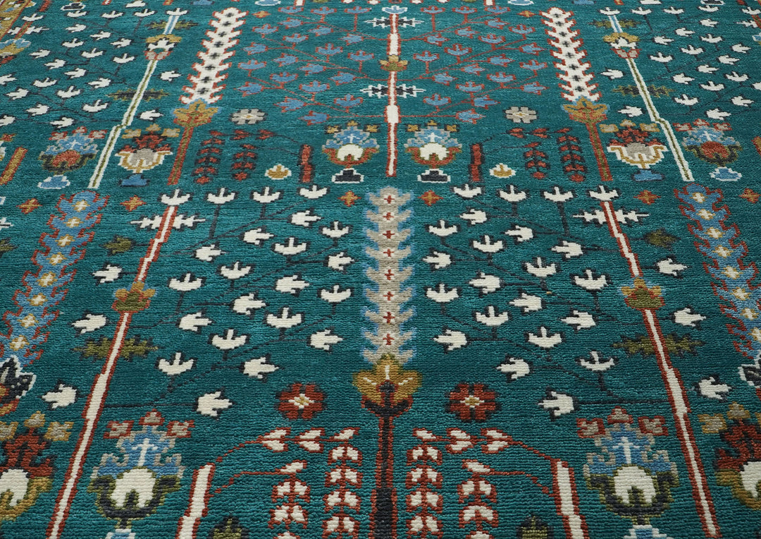 10x14 Teal, Ivory, Gold Color Hand Knotted Oushak Wool Transitional Oriental Rug