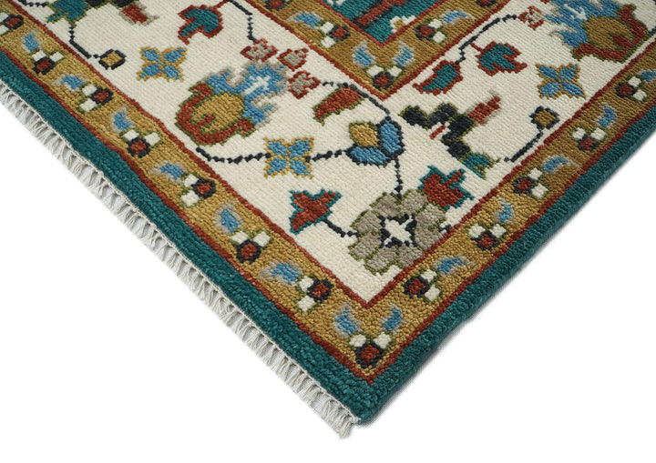 10x14 Teal, Ivory, Gold Color Hand Knotted Oushak Wool Transitional Oriental Rug